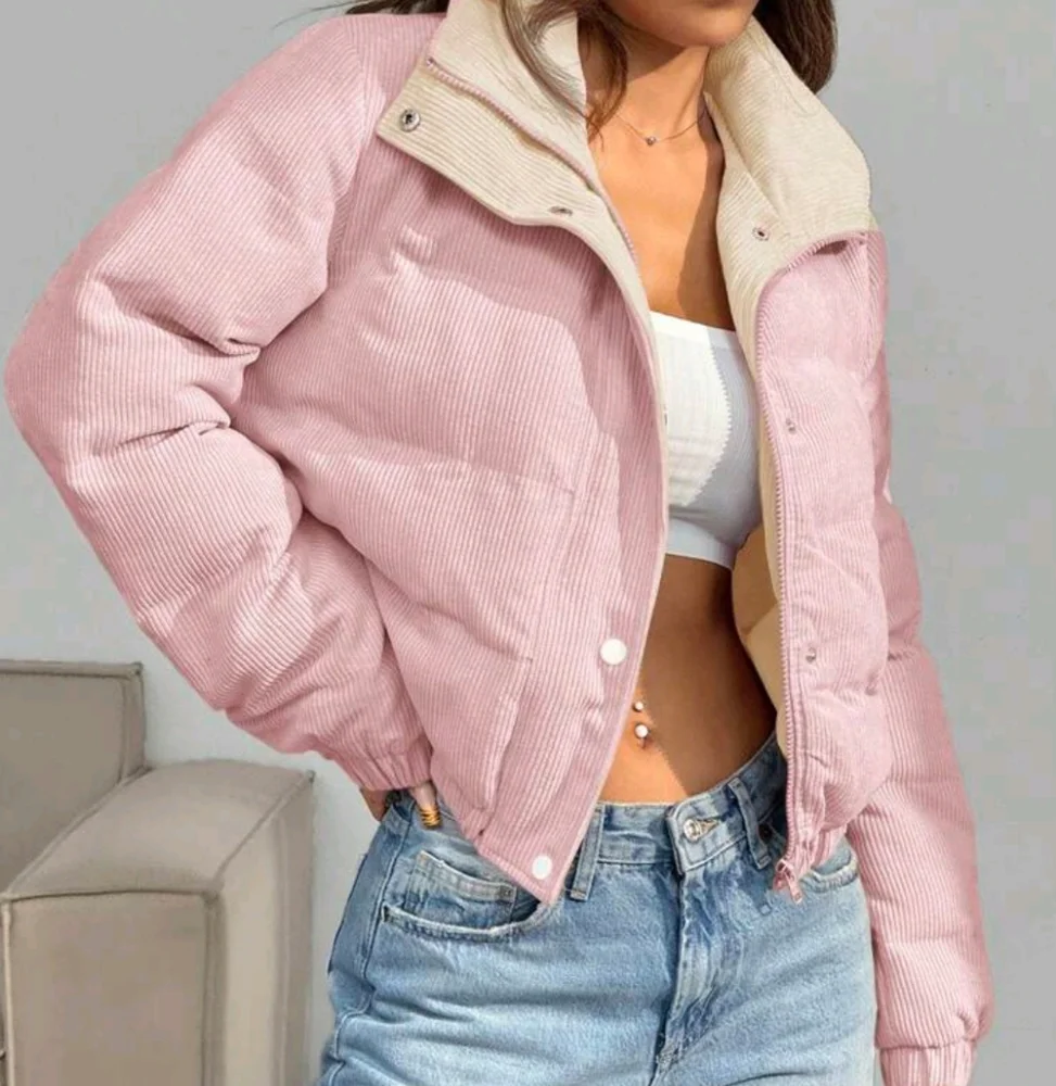 Zip Up Double Face Snap Button Corduroy Padded Coat - Picture 3 of 4